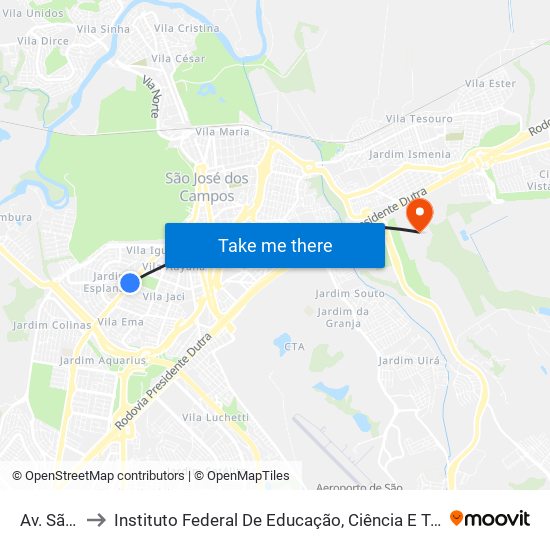 Av. São João, 920 to Instituto Federal De Educação, Ciência E Tecnologia De São Paulo, Campus São José Dos Campos map