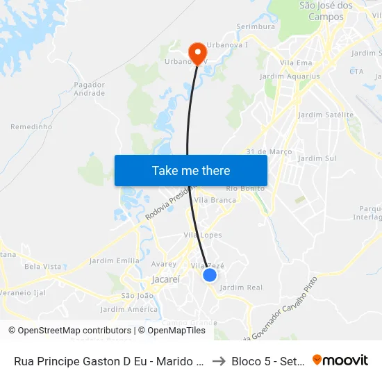 Rua Principe Gaston D Eu - Marido Da Princesa Isabel Zona Preferencial 01 - Zap 1 Jacareí - São Paulo 12310 Brasil to Bloco 5 - Setores Administrativos Fve / Univap map