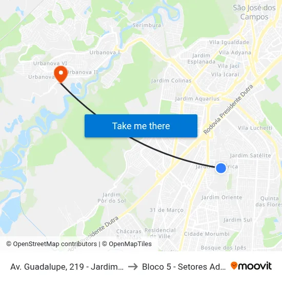 Av. Guadalupe, 219 - Jardim America, São José Dos Campos to Bloco 5 - Setores Administrativos Fve / Univap map