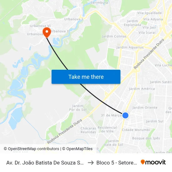 Av. Dr. João Batista De Souza Soares, 2195 - Cidade Morumbi, São José Dos Campos to Bloco 5 - Setores Administrativos Fve / Univap map