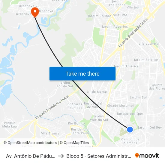 Av. Antônio De Pádua Santos, 150 to Bloco 5 - Setores Administrativos Fve / Univap map
