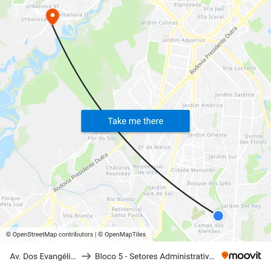 Av. Dos Evangélicos, 890 to Bloco 5 - Setores Administrativos Fve / Univap map