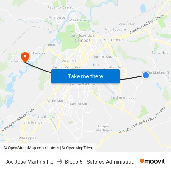 Av. José Martins Ferreira, 301 to Bloco 5 - Setores Administrativos Fve / Univap map