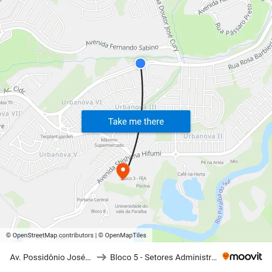 Av. Possidônio José De Freitas, 51 to Bloco 5 - Setores Administrativos Fve / Univap map