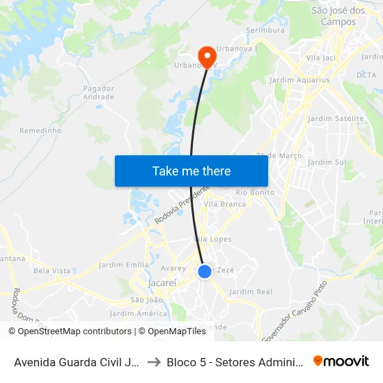 Avenida Guarda Civil Josué Santana, 317 to Bloco 5 - Setores Administrativos Fve / Univap map