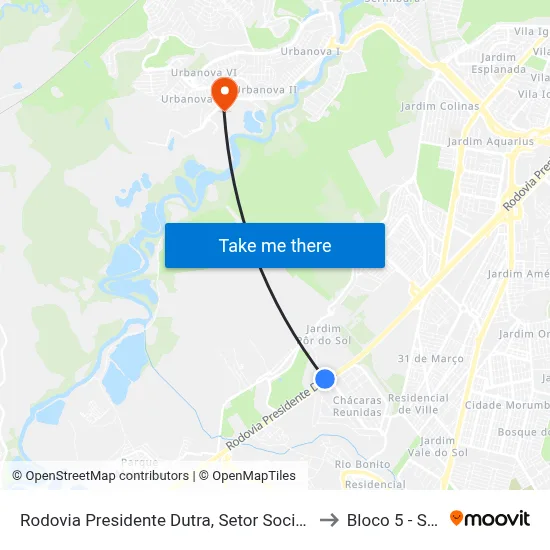 Rodovia Presidente Dutra, Setor Socioeconômico 16, São José Dos Campos - São Paulo, Brasil - Jardim Por Do Sol, São José Dos Campos to Bloco 5 - Setores Administrativos Fve / Univap map