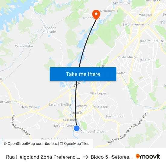 Rua Helgoland Zona Preferencial 02 - Zap 2 A Jacareí - São Paulo 12319 Brasil to Bloco 5 - Setores Administrativos Fve / Univap map