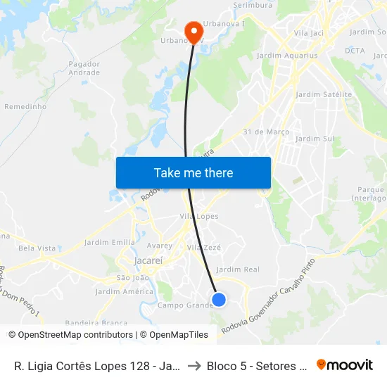 R. Ligia Cortês Lopes 128 - Jardim Paraiso Jacareí - SP 12316-520 Brasil to Bloco 5 - Setores Administrativos Fve / Univap map