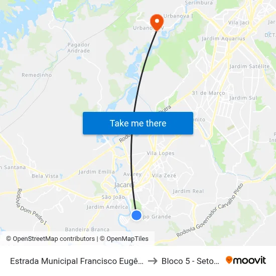 Estrada Municipal Francisco Eugênio Bicudo 140-372 - Jardim Colinas Jacareí - SP 12319-010 Brasil to Bloco 5 - Setores Administrativos Fve / Univap map