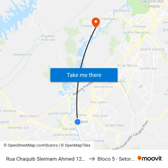 Rua Chaquib Sleimam Ahmed 127-215 - Jardim Pereira Do Amparo Jacareí - SP 12327-700 Brasil to Bloco 5 - Setores Administrativos Fve / Univap map