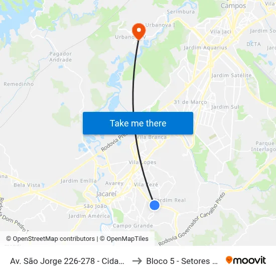 Av. São Jorge 226-278 - Cidade Salvador Jacareí - SP 12312-130 Brasil to Bloco 5 - Setores Administrativos Fve / Univap map