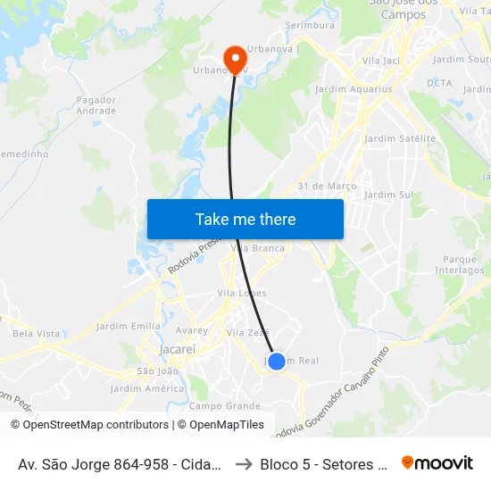 Av. São Jorge 864-958 - Cidade Salvador Jacareí - SP 12312-130 Brasil to Bloco 5 - Setores Administrativos Fve / Univap map