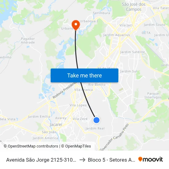 Avenida São Jorge 2125-3103 - Cidade Salvador Jacareí - SP Brasil to Bloco 5 - Setores Administrativos Fve / Univap map
