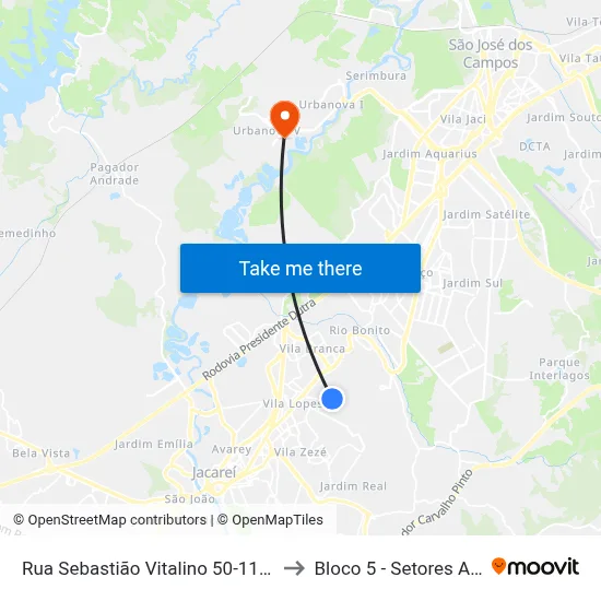 Rua Sebastião Vitalino 50-112 - Parque Califórnia Jacareí - SP Brasil to Bloco 5 - Setores Administrativos Fve / Univap map