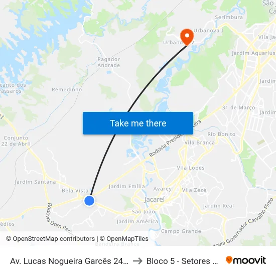 Av. Lucas Nogueira Garcês 2416 - Jardim Esperanca Jacareí - SP Brasil to Bloco 5 - Setores Administrativos Fve / Univap map