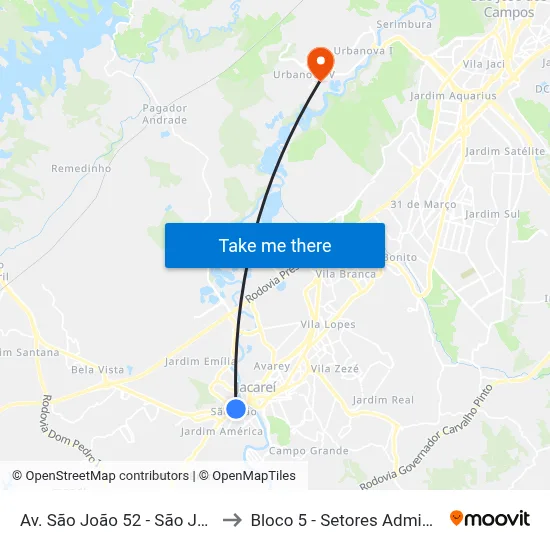 Av. São João 52 - São João Jacareí - SP Brasil to Bloco 5 - Setores Administrativos Fve / Univap map
