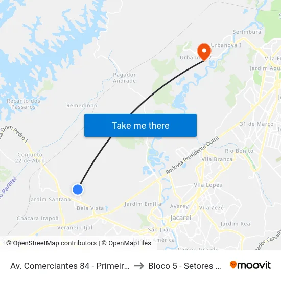Av. Comerciantes 84 - Primeiro De Maio Jacareí - SP 12332-590 Brasil to Bloco 5 - Setores Administrativos Fve / Univap map