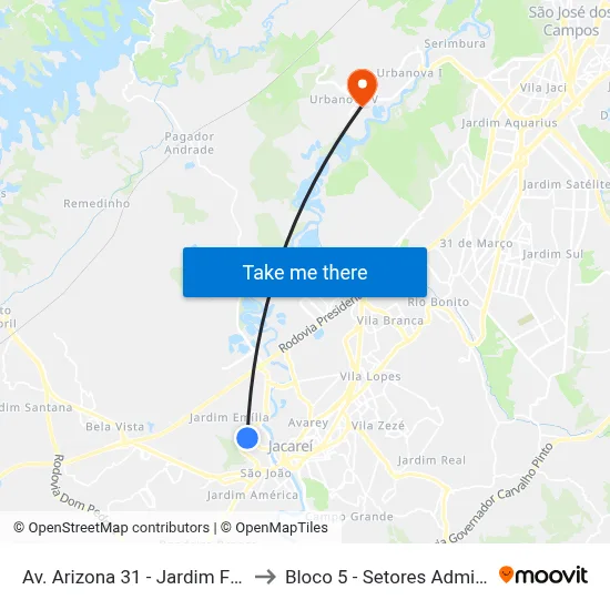 Av. Arizona 31 - Jardim Florida Jacareí - SP Brasil to Bloco 5 - Setores Administrativos Fve / Univap map