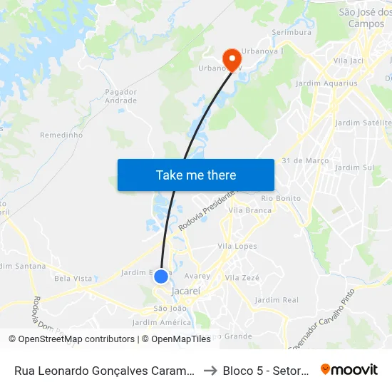 Rua Leonardo Gonçalves Caramuru 124-204 - Jardim Emília Jacareí - SP 12321-490 Brasil to Bloco 5 - Setores Administrativos Fve / Univap map