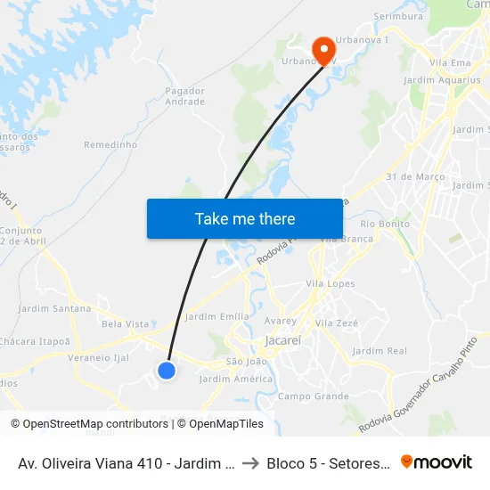 Av. Oliveira Viana 410 - Jardim Nova Esperança Jacareí - SP 12324-550 Brasil to Bloco 5 - Setores Administrativos Fve / Univap map