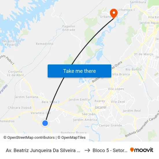 Av. Beatriz Junqueira Da Silveira Santos 314-358 - Jardim Pedra Mar Jacareí - SP 12329-060 Brasil to Bloco 5 - Setores Administrativos Fve / Univap map