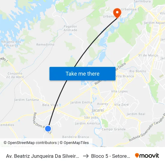 Av. Beatriz Junqueira Da Silveira Santos 29 - Jardim Pedra Mar Jacareí - SP Brasil to Bloco 5 - Setores Administrativos Fve / Univap map