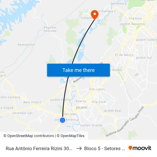 Rua Antônio Ferreira Rizini 309-487 - Jardim Elza Maria Jacareí - SP Brasil to Bloco 5 - Setores Administrativos Fve / Univap map