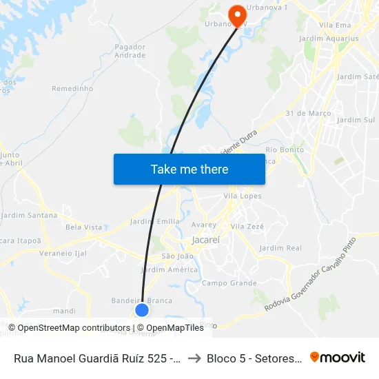 Rua Manoel Guardiã Ruíz 525 - Bandeira Branca Jacareí - SP 12323-650 Brasil to Bloco 5 - Setores Administrativos Fve / Univap map