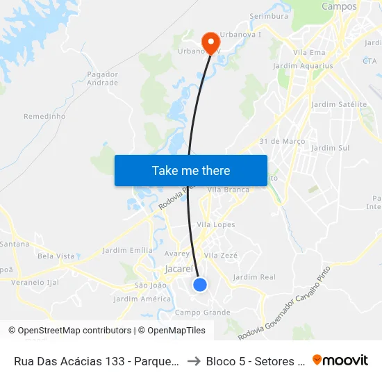 Rua Das Acácias 133 - Parque Santo Antonio Jacareí - SP 12309-570 Brasil to Bloco 5 - Setores Administrativos Fve / Univap map