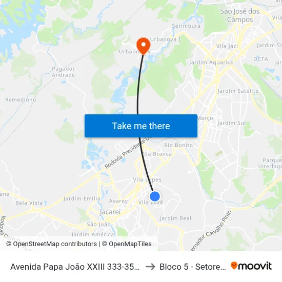 Avenida Papa João XXIII 333-351 - Conjunto São Benedito Jacareí - SP 12310-090 Brasil to Bloco 5 - Setores Administrativos Fve / Univap map
