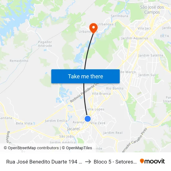 Rua José Benedito Duarte 194 - Parque Itamarati Jacareí - SP 12307-200 Brasil to Bloco 5 - Setores Administrativos Fve / Univap map