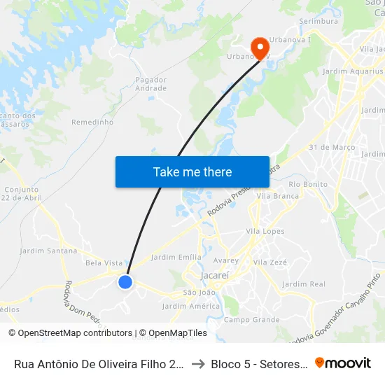 Rua Antônio De Oliveira Filho 223-235 - Cidade Nova Jacareí Jacareí - SP Brasil to Bloco 5 - Setores Administrativos Fve / Univap map