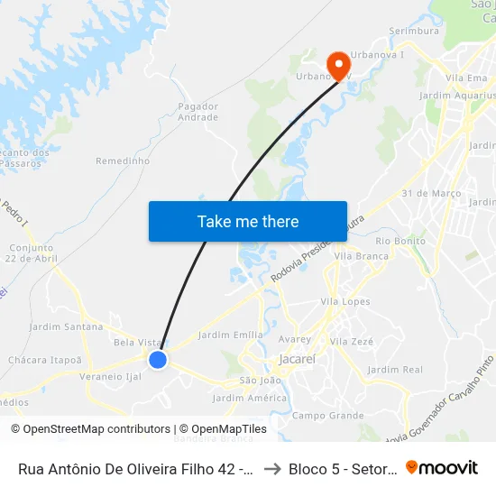 Rua Antônio De Oliveira Filho 42 - Cidade Nova Jacareí Jacareí - SP República Federativa Do Brasil to Bloco 5 - Setores Administrativos Fve / Univap map