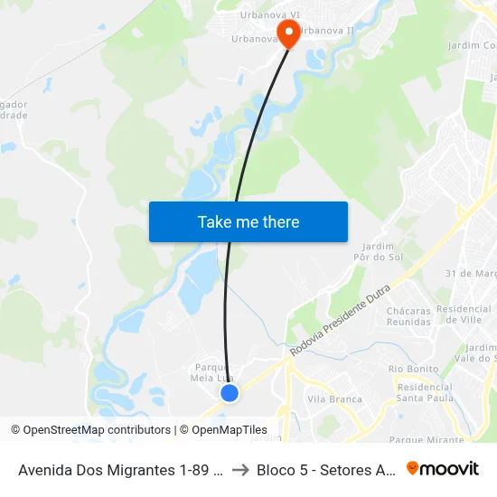 Avenida Dos Migrantes 1-89 - Parque Meia Lua Jacareí - SP Brasil to Bloco 5 - Setores Administrativos Fve / Univap map