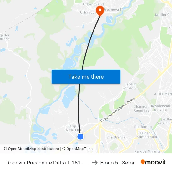 Rodovia Presidente Dutra 1-181 - Chácaras Rurais Santa Maria Parque Meia Lua Jacareí - SP Brasil to Bloco 5 - Setores Administrativos Fve / Univap map