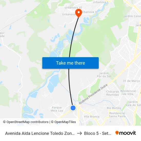 Avenida Alda Lencione Toledo Zona De Adensamento Controlado (Zac - Meia Lua) Jacareí - São Paulo Brasil to Bloco 5 - Setores Administrativos Fve / Univap map