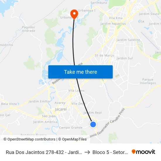 Rua Dos Jacintos 278-432 - Jardim Santo Antonio Da Boa Vista Jacareí - SP 12315-620 Brasil to Bloco 5 - Setores Administrativos Fve / Univap map