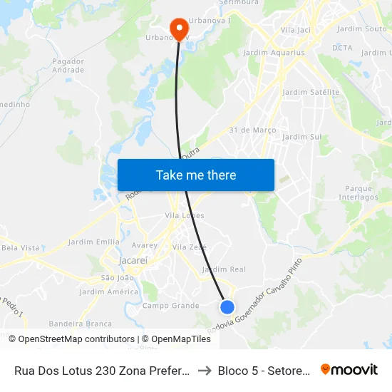 Rua Dos Lotus 230 Zona Preferencial 02 - Zap 2 A Jacareí - São Paulo 12315 Brasil to Bloco 5 - Setores Administrativos Fve / Univap map