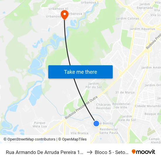 Rua Armando De Arruda Pereira 104 Zona Preferencial 01 - Zap 1 Jacareí - São Paulo 12302-018 Brasil to Bloco 5 - Setores Administrativos Fve / Univap map