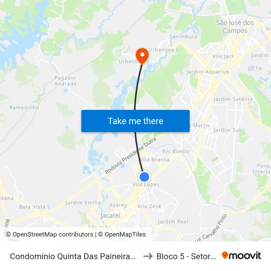 Condomínio Quinta Das Paineiras - R. Projeção São Diego 468 - Jd California Jacareí - SP Brasil to Bloco 5 - Setores Administrativos Fve / Univap map