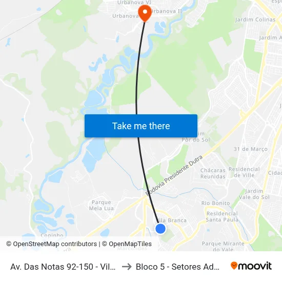 Av. Das Notas 92-150 - Vila Branca Jacareí - SP Brasil to Bloco 5 - Setores Administrativos Fve / Univap map