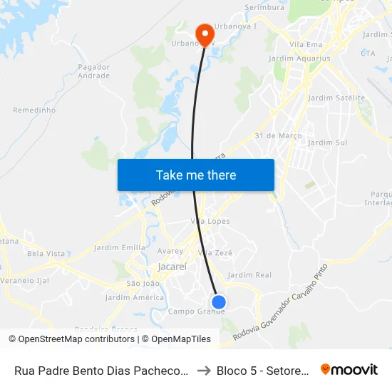Rua Padre Bento Dias Pacheco 86 - Jardim Paraíso Jacareí - SP 12316-080 Brasil to Bloco 5 - Setores Administrativos Fve / Univap map