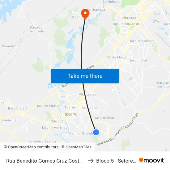 Rua Benedito Gomes Cruz Costa 206-256 - Jardim Paraíso Jacareí - SP 12316-530 Brasil to Bloco 5 - Setores Administrativos Fve / Univap map