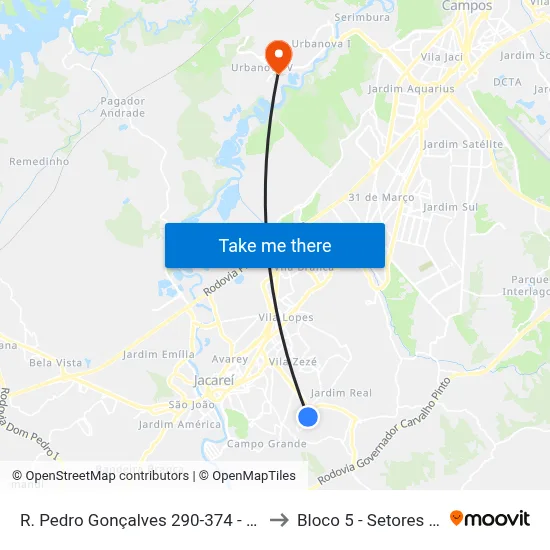 R. Pedro Gonçalves 290-374 - Jardim Paraiso Jacareí - SP 12316-220 Brasil to Bloco 5 - Setores Administrativos Fve / Univap map