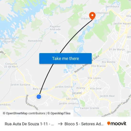 Rua Auta De Souza 1-11 - Veraneio Ijal Jacareí - SP Brasil to Bloco 5 - Setores Administrativos Fve / Univap map