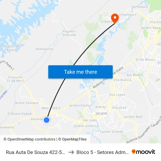 Rua Auta De Souza 422-536 - Veraneio Ijal SP Brasil to Bloco 5 - Setores Administrativos Fve / Univap map