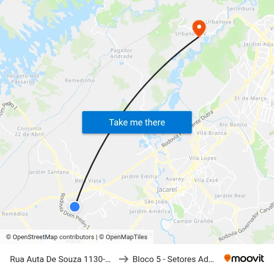Rua Auta De Souza 1130-1268 - Veraneio Ijal SP Brasil to Bloco 5 - Setores Administrativos Fve / Univap map