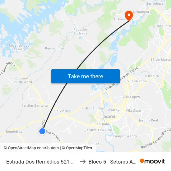 Estrada Dos Remédios 521-565 - Veraneio Irajá Jacareí - SP Brasil to Bloco 5 - Setores Administrativos Fve / Univap map