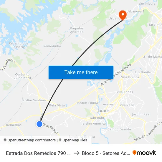 Estrada Dos Remédios 790 - Veraneio Irajá Jacareí - SP Brasil to Bloco 5 - Setores Administrativos Fve / Univap map
