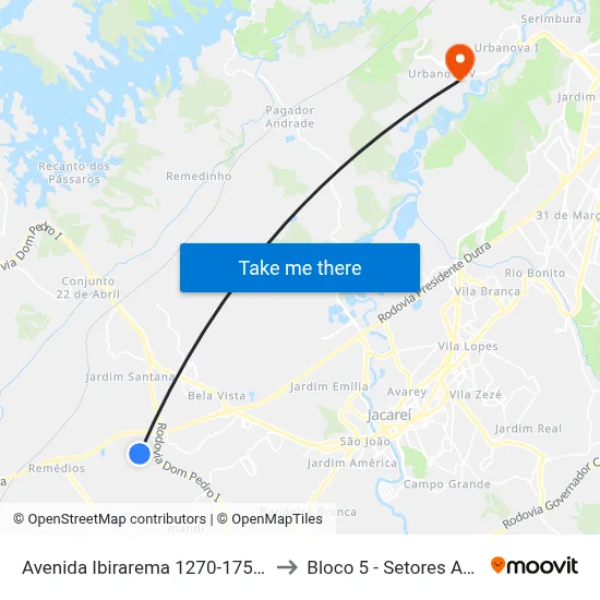 Avenida Ibirarema 1270-1758 - Veraneio Irajá Jacareí - SP Brasil to Bloco 5 - Setores Administrativos Fve / Univap map
